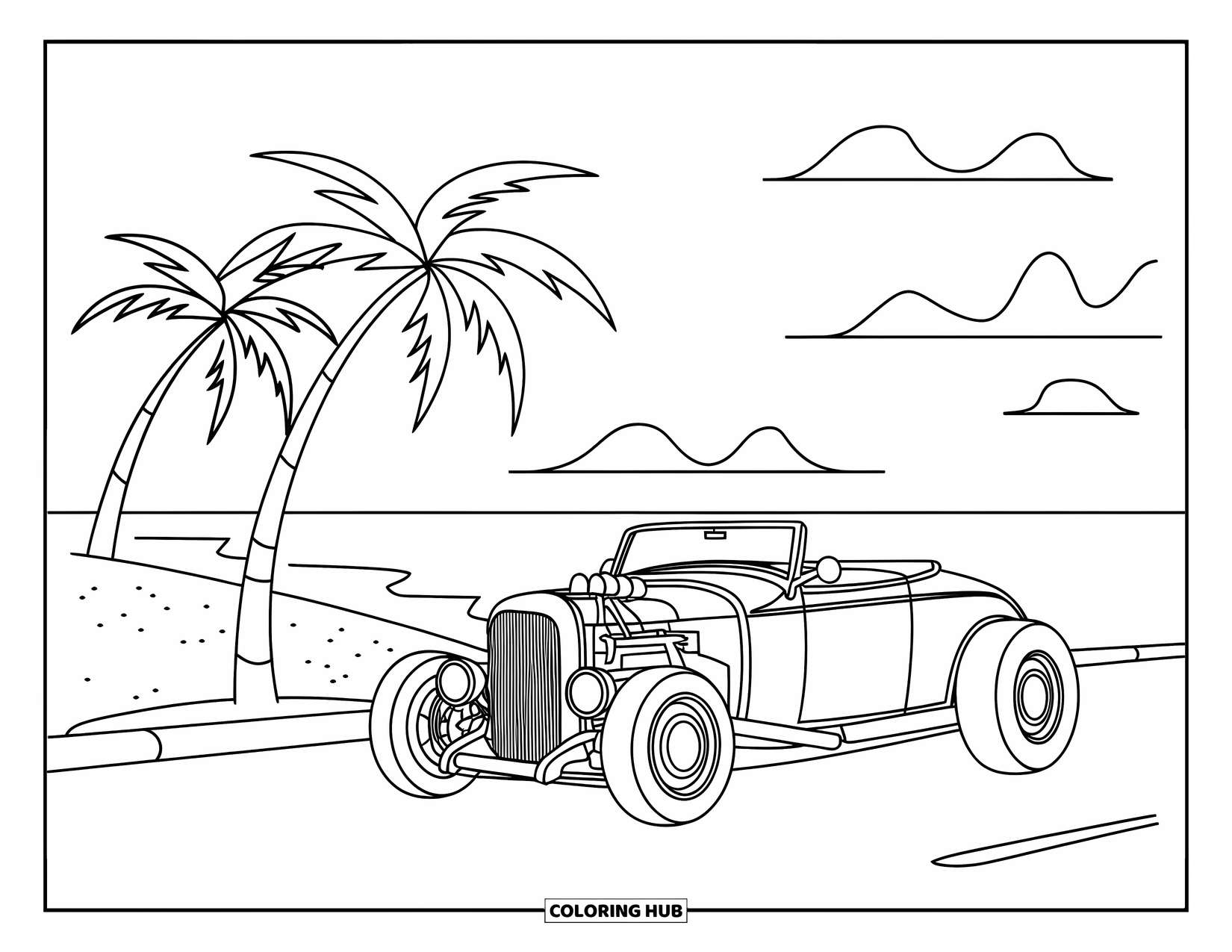 Hot Rod Coloring Page for Kids: Convertible hot rod parked at a beach lot with palm trees and clouds