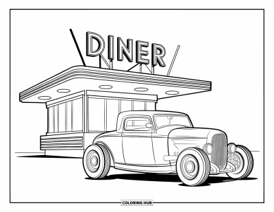 Hot Rod kifestő gyerekeknek: Ívelt karosszériájú hot rod étteremnél lapos tetős épülettel