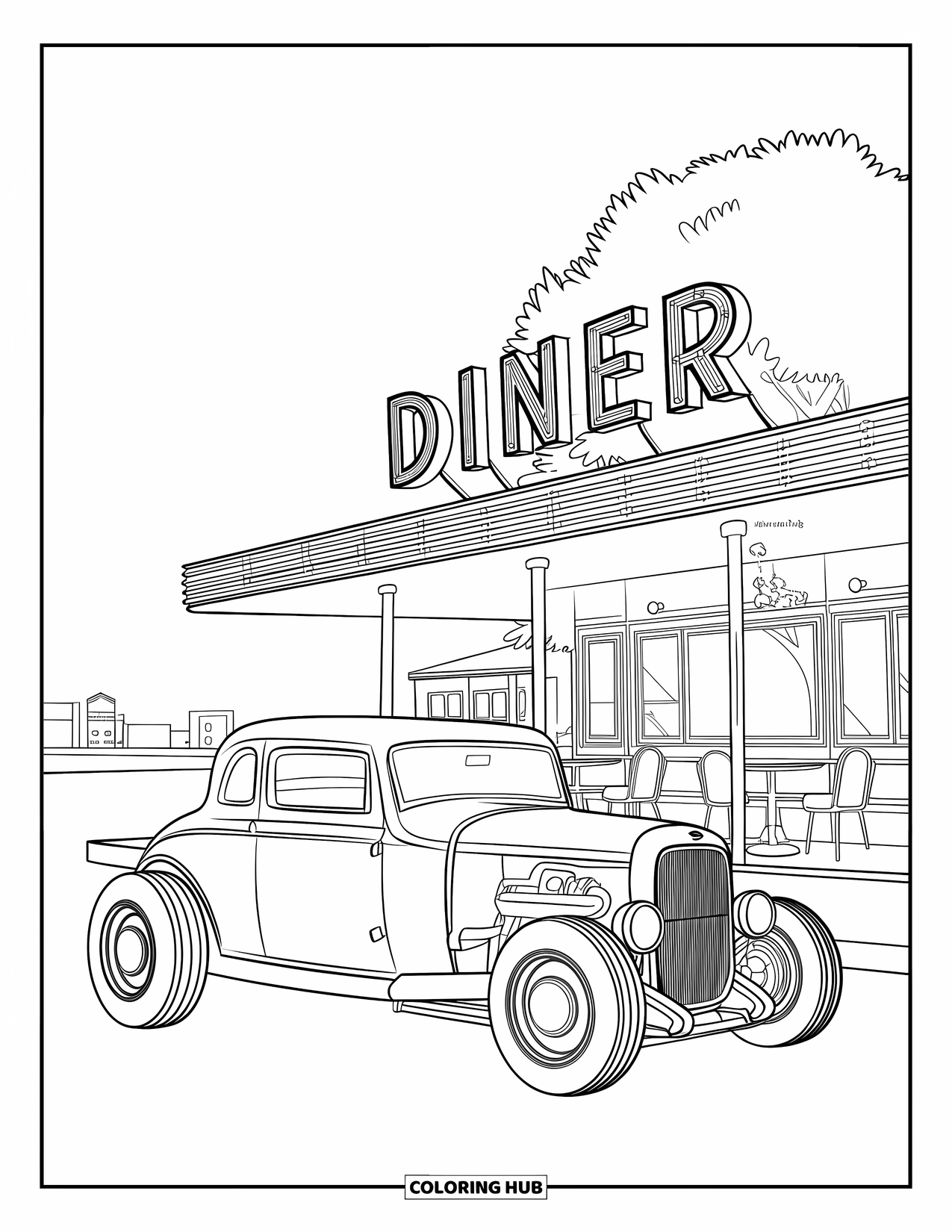 Hot Rod Coloring Page for Kids: Curved-body hot rod at a diner with neon sign and tree nearby