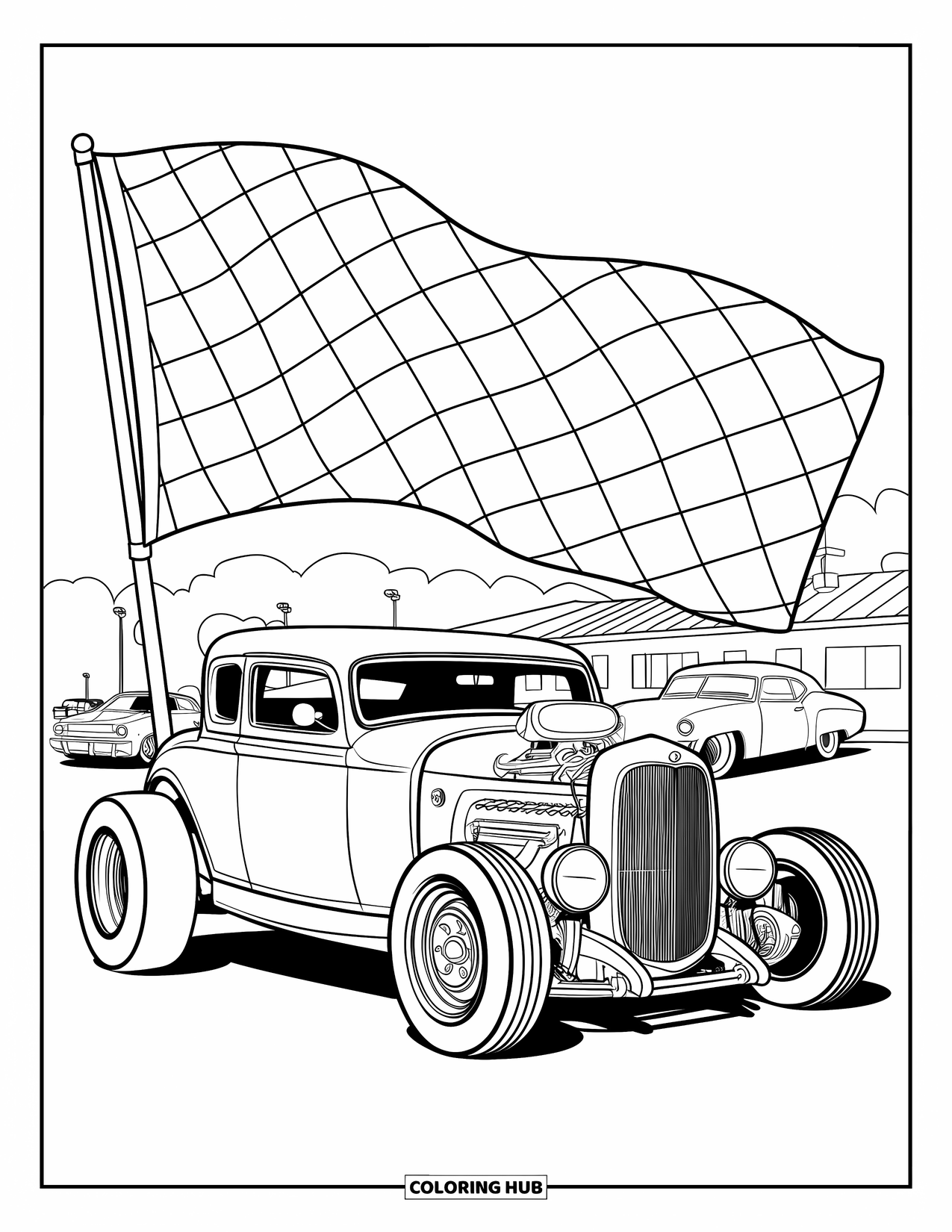 Hot Rod Coloring Page for Kids: Custom hot rod at car show with checkered flag above