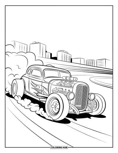 Hot Rod kifestő gyerekeknek: Lángmintás hot rod kanyarban csúszik városképpel