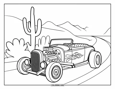 Hot Rod kifestő gyerekeknek: Lángmintás hot rod a Route 66-on kaktuszokkal az előtérben