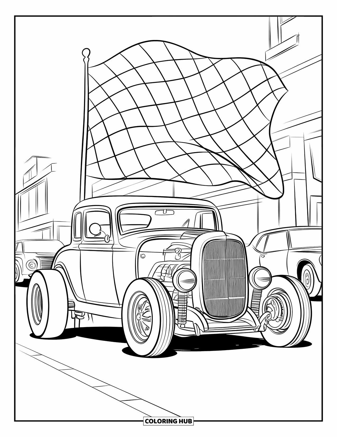 Hot Rod Coloring Page for Kids: Hot rod at a car show with checkered flag behind it
