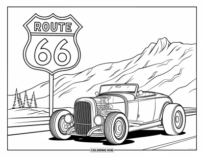 Hot Rod kifestő gyerekeknek: Hot rod Route 66-os tábla alatt sziklás hegyekkel