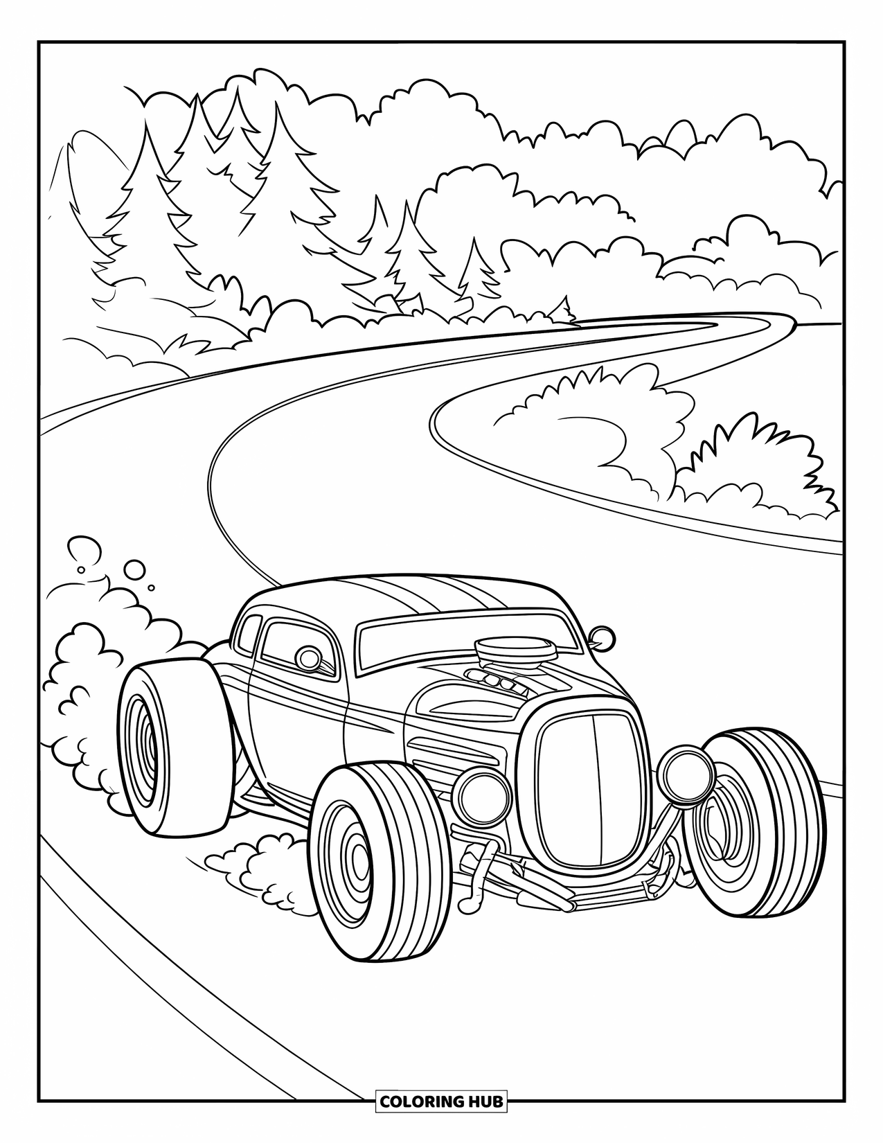Hot Rod Coloring Page for Kids: Hot rod drifting on a curve surrounded by lush green trees