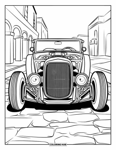 Hot Rod kifestő gyerekeknek: Hot rod elölről kövezett utcán ívelt épületekkel