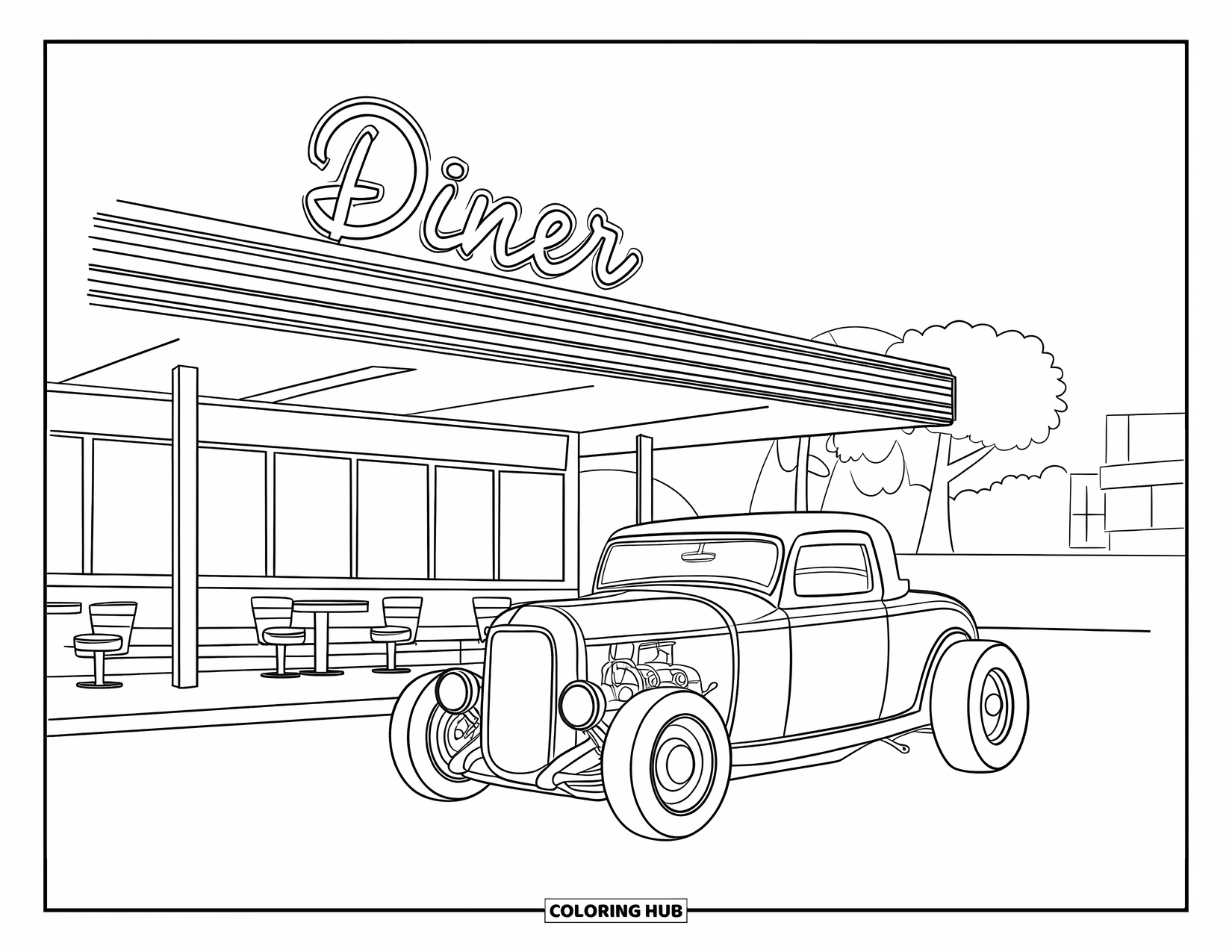 Hot Rod Coloring Page for Kids: Hot rod parked at a retro diner with a simple neon sign