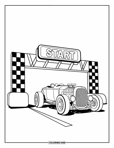 Hot Rod kifestő gyerekeknek: Hot rod versenyrajtív alatt "START" feliratú táblával