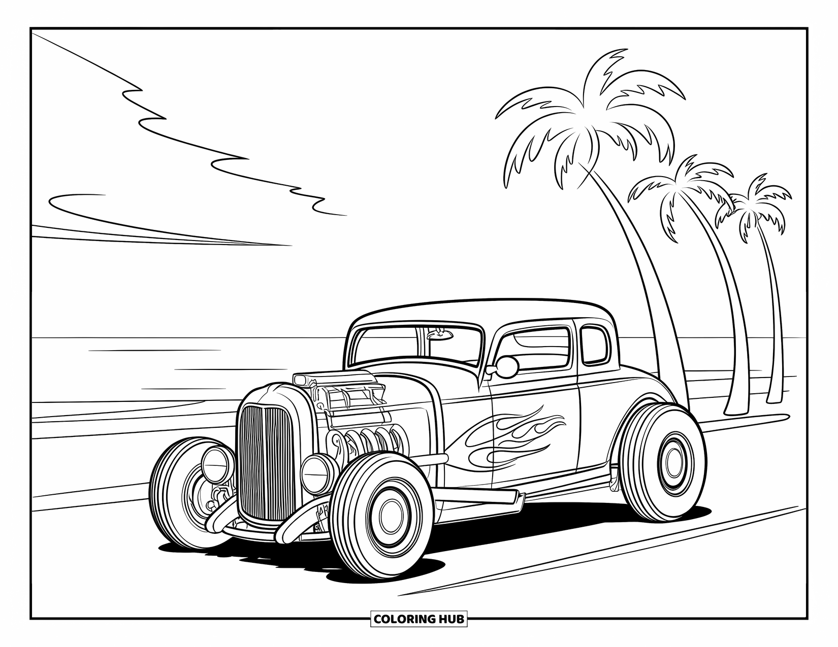 Hot Rod Coloring Page for Kids: Hot rod with flame design parked at a beach lot with palm trees