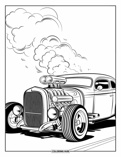 Hot Rod kifestő gyerekeknek: Hot rod nagy motorral és kipufogófüsttel