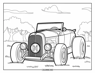 Hot Rod kifestő gyerekeknek: Kerek hűtőmaszkos hot rod füves mezőn parkolva
