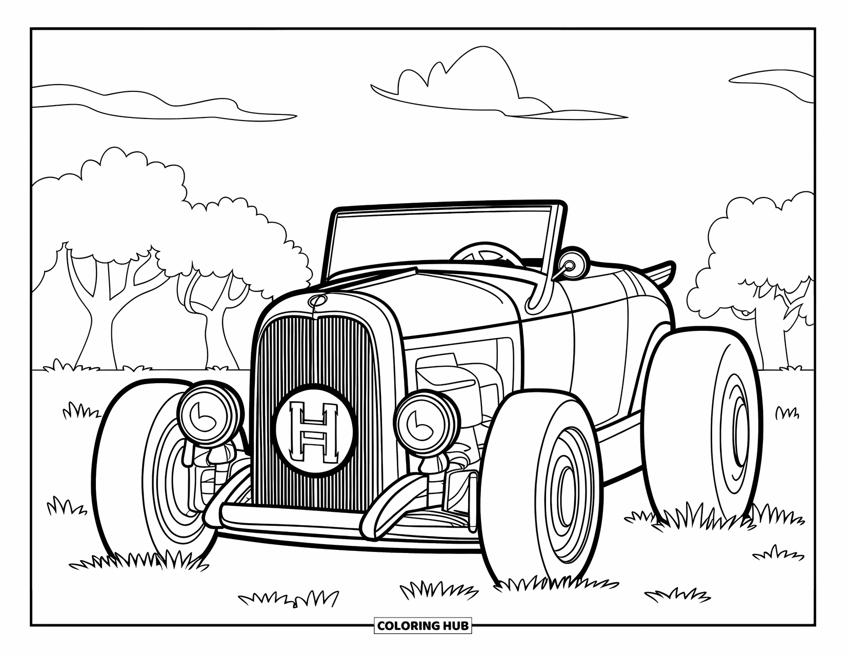 Hot Rod Coloring Page for Kids: Hot rod with round grille emblem parked on grassy field