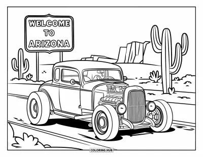 Hot Rod kifestő gyerekeknek: Hot rod széles kerekekkel Arizona üdvözlőtábla mellett