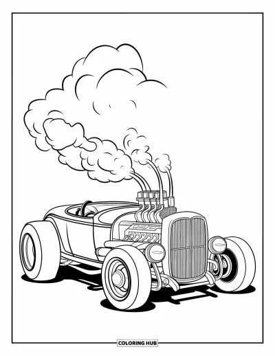 Hot Rod kifestő gyerekeknek: Piros hot rod nagy motorral és füstfelhőkkel