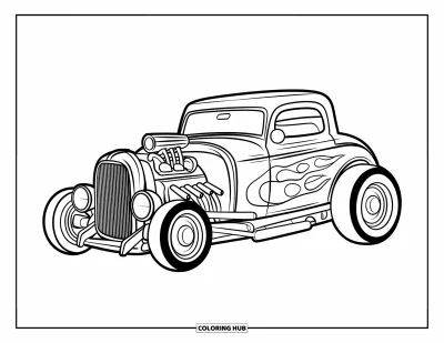 Hot Rod kifestő gyerekeknek: Egyszerűsített hot rod rövid lángmintával fehér háttéren