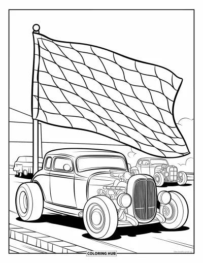 Hot Rod kifestő gyerekeknek: Elegáns hot rod autóbemutatón más autókkal és zászlóval