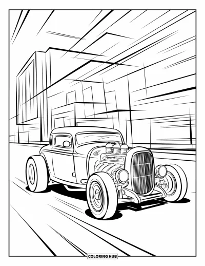 Hot Rod kifestő gyerekeknek: Elegáns hot rod városon robog mozgásvonalakkal
