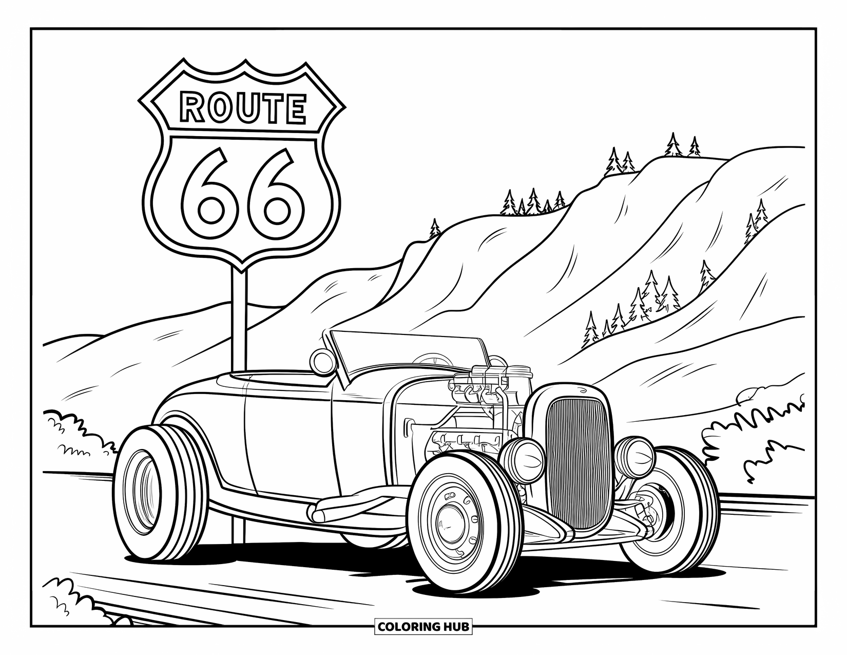 Hot Rod Coloring Page for Kids: Sleek hot rod under a Route 66 sign beside rocky mountains