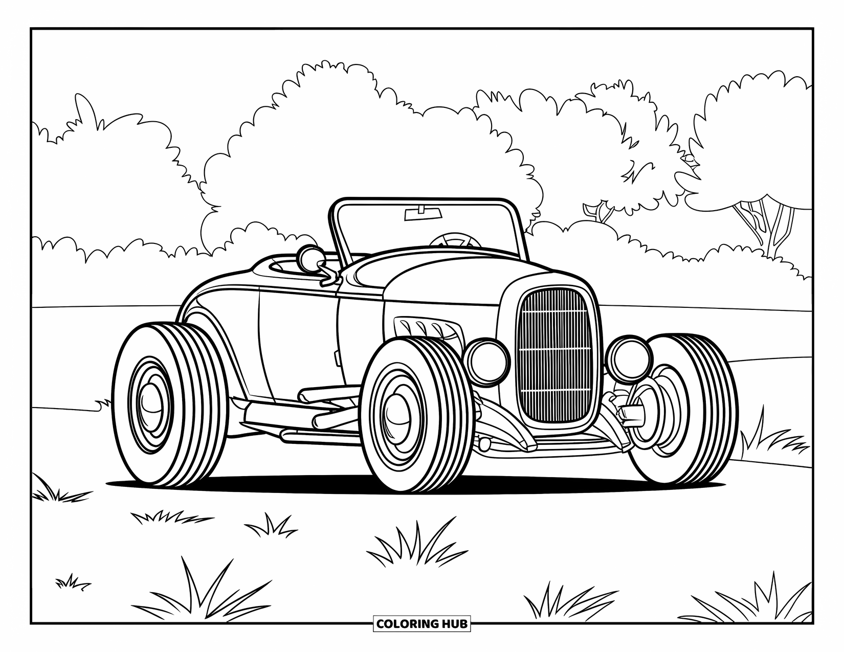 Hot Rod Coloring Page for Kids: Sleek single-seat hot rod on grassy field with trees