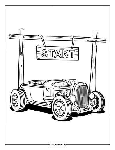 Hot Rod kifestő gyerekeknek: Áramvonalas hot rod rajtív alatt szöges fatáblával