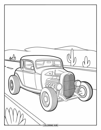 Hot Rod kifestő gyerekeknek: Vintage hot rod sivatagi úton kaktuszokkal az út mentén