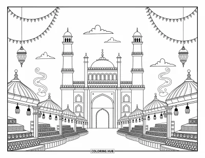 Coloriage d'Inde pour adultes : Charminar au-dessus d'un marché animé de tissus, de douceurs et de bracelets