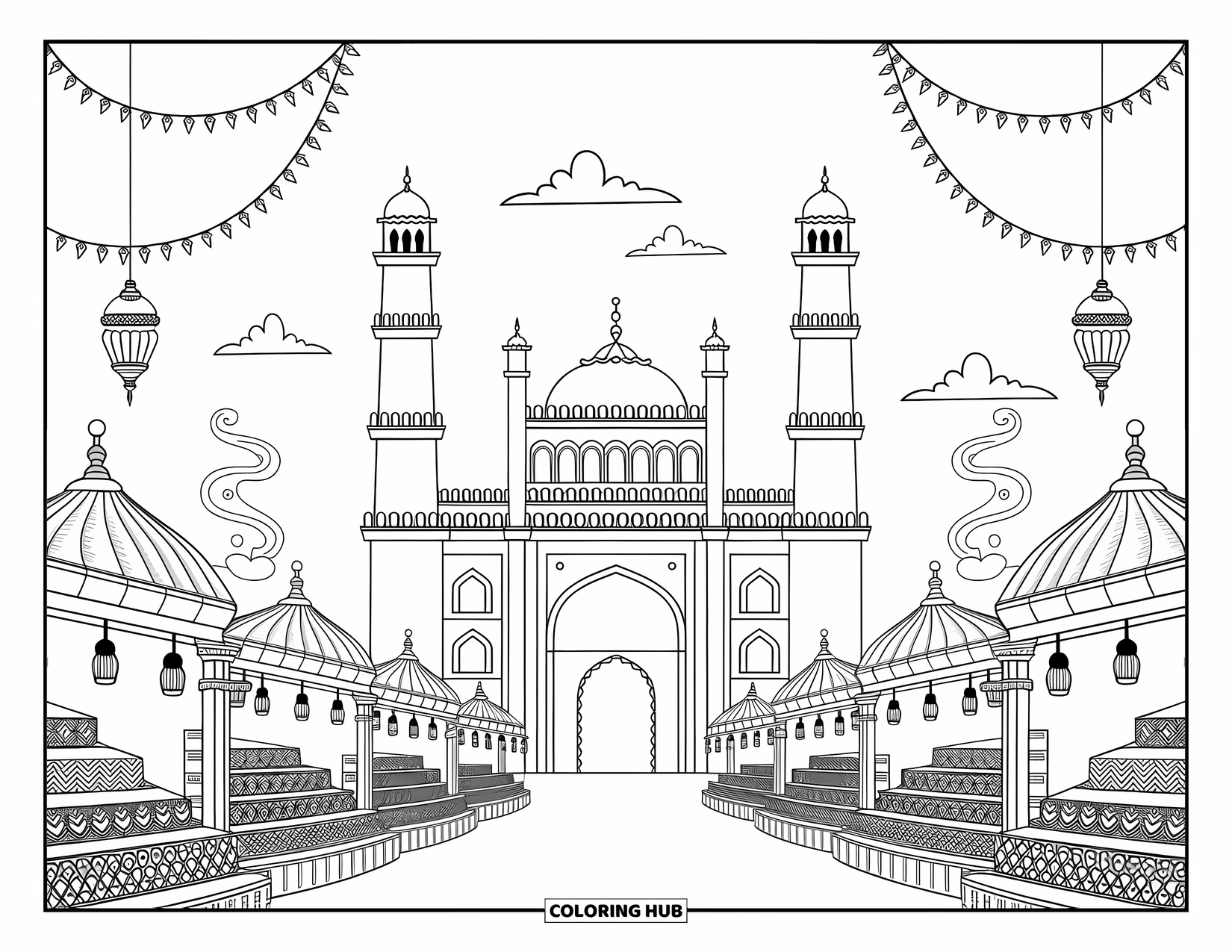 India Coloring Page for Adults: Charminar above a lively market of fabrics, sweets, and bangles