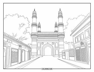 Coloriage d'Inde pour adultes : Charminar avec ses quatre minarets entouré de boutiques et de bâtiments