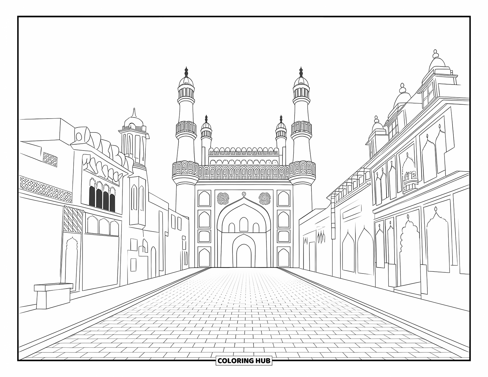 India Coloring Page for Adults: Charminar with surrounding streets, shops, and unique architecture