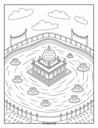 Coloriage d'Inde pour adultes : Temple d'Or reflété dans une eau ondulante avec des drapeaux de prières