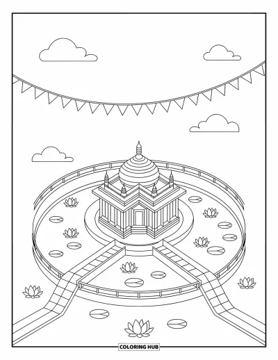 Coloriage d'Inde pour adultes : Temple d'Or entouré de fleurs de lotus et de nénuphars