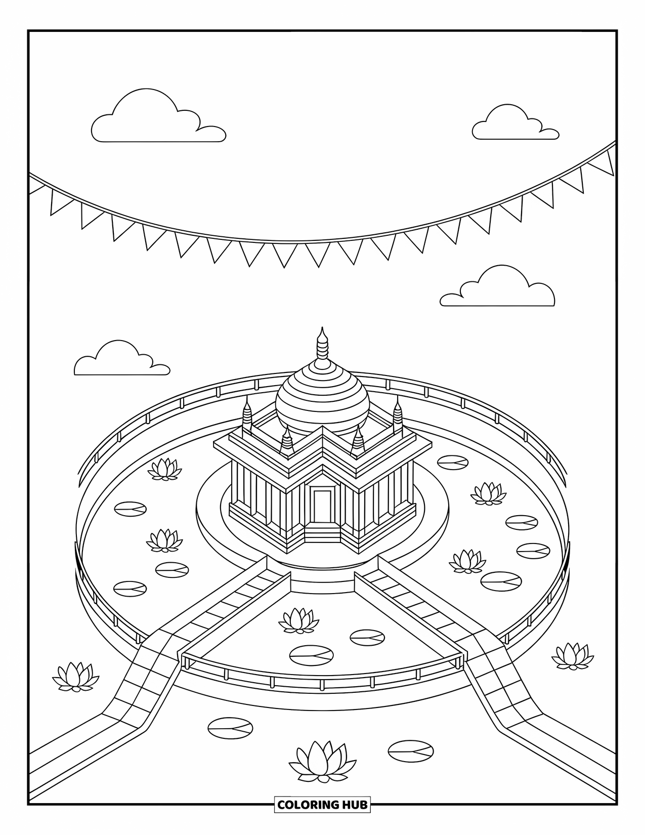 India Coloring Page for Adults: Golden Temple surrounded by lotus blossoms and lily pads