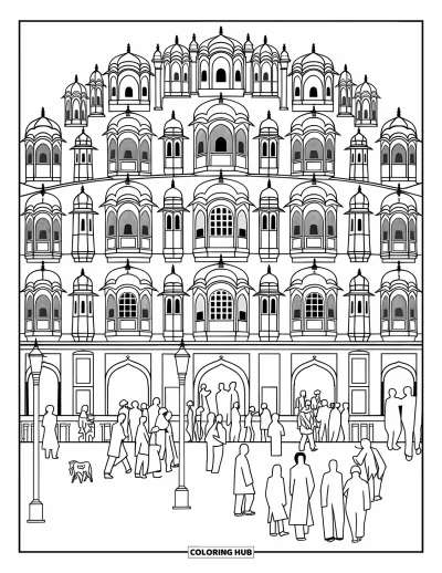 Coloriage d'Inde pour adultes : Hawa Mahal avec ses jharokhas et une rue animée en contrebas