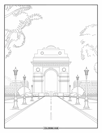 Coloriage d'Inde pour adultes : India Gate entouré de verdure et de bâtiments urbains