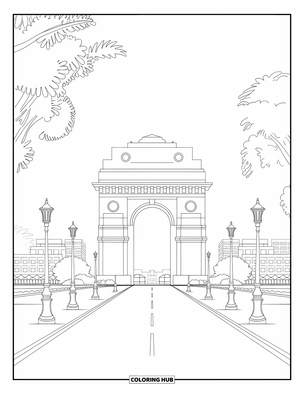 India Coloring Page for Adults: India Gate surrounded by greenery and urban buildings