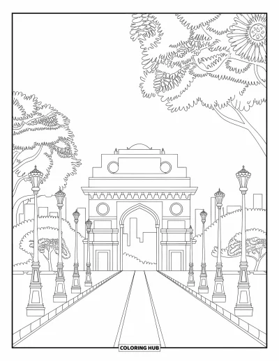 Coloriage d'Inde pour adultes : India Gate avec une skyline, des arbres et des motifs ornementaux