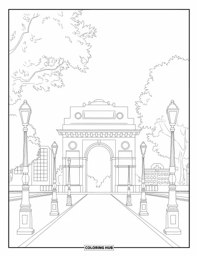 Coloriage d'Inde pour adultes : India Gate entouré d'arbres et de réverbères classiques
