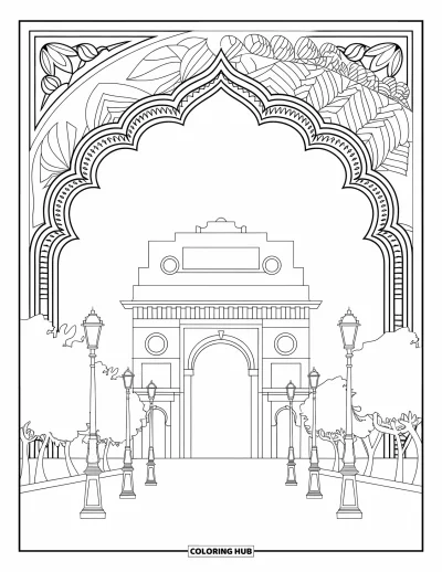 Coloriage d'Inde pour adultes : India Gate avec des arbres, des réverbères et des détails artistiques