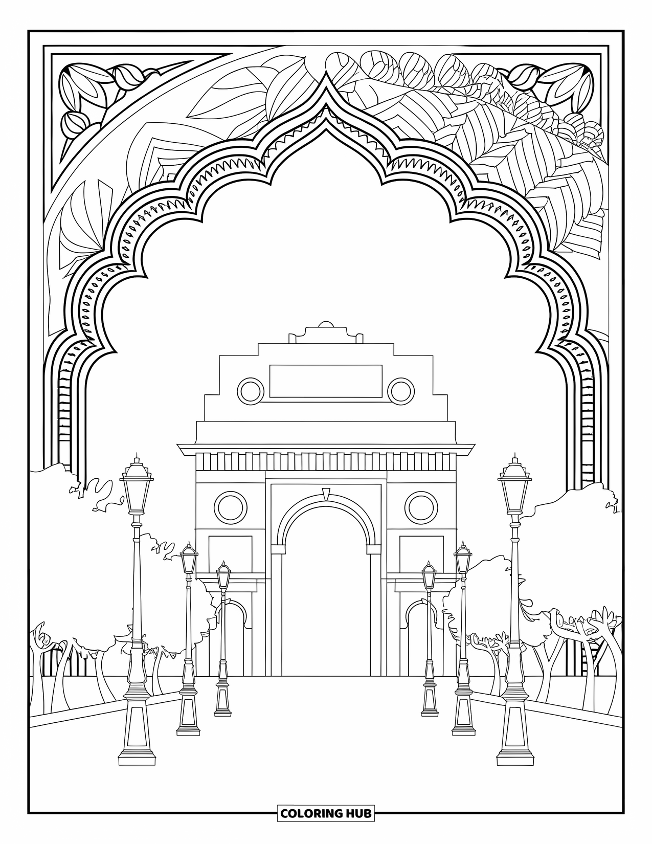 India Coloring Page for Adults: India Gate with trees, lamp posts, and artistic details