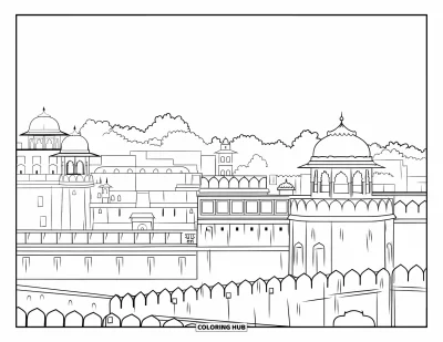 Coloriage d'Inde pour adultes : Vue panoramique du Fort Rouge avec ses dômes, ses murs et ses cours