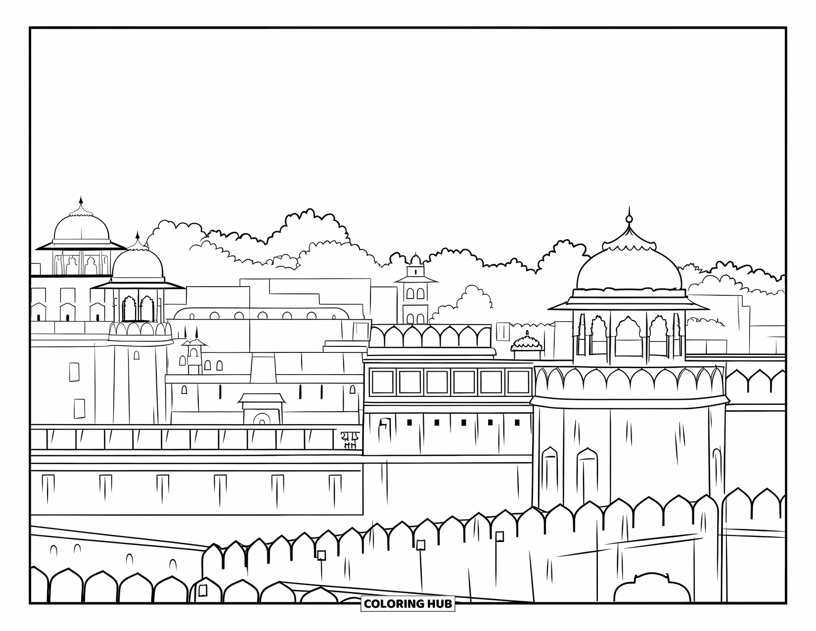 India Coloring Page for Adults: Panoramic view of the Red Fort with domes, walls, and courtyards