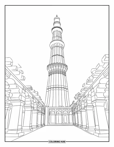Coloriage d'Inde pour adultes : Qutub Minar avec d'anciennes arches en pierre à sa base