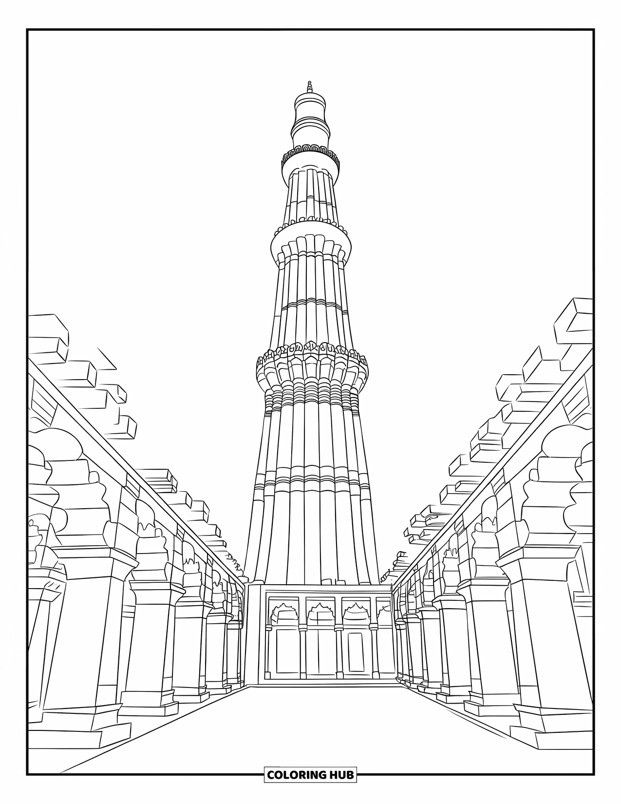 India Coloring Page for Adults: Qutub Minar with ancient stone arches at its base