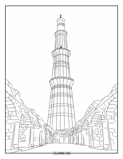 Coloriage d'Inde pour adultes : Qutub Minar avec son grès rouge et ses ruines historiques