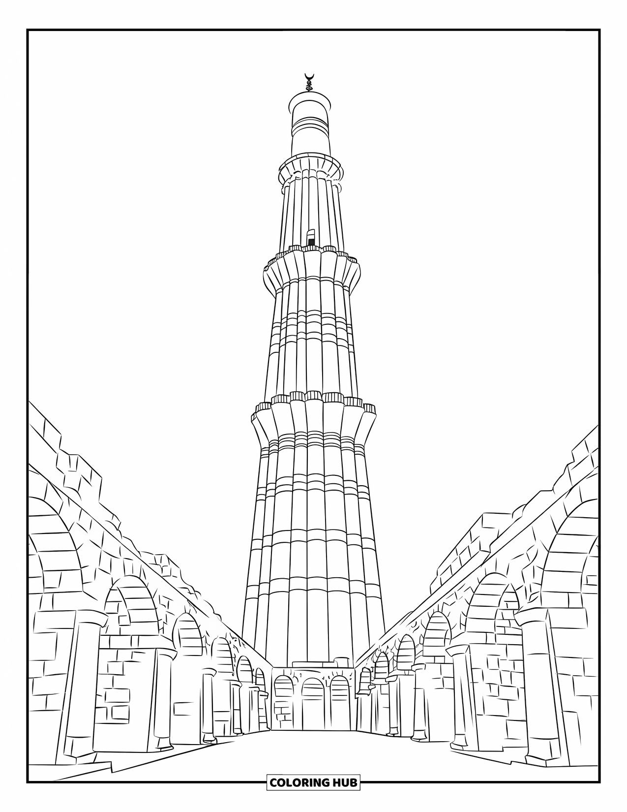 India Coloring Page for Adults: Qutub Minar with red sandstone design and historic ruins
