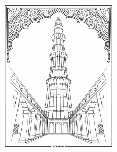 Coloriage d'Inde pour adultes : Qutub Minar avec des ruines et des détails artistiques raffinés