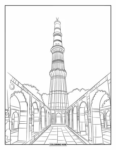 Coloriage d'Inde pour adultes : Qutub Minar avec des ruines environnantes et un paysage serein
