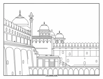 Coloriage d'Inde pour adultes : Fort Rouge avec ses dômes, ses imposants remparts et ses détails architecturaux