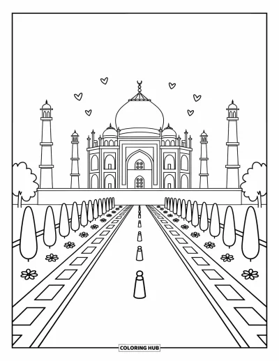 Coloriage d'Inde pour adultes : Taj Mahal centré avec ses minarets, des fleurs et un bassin serein