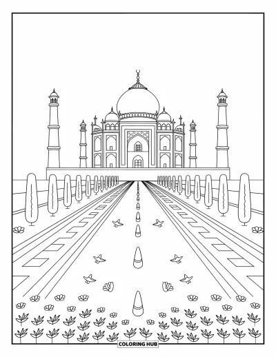 Coloriage d'Inde pour adultes : Taj Mahal reflété dans un bassin avec des fleurs et des buissons